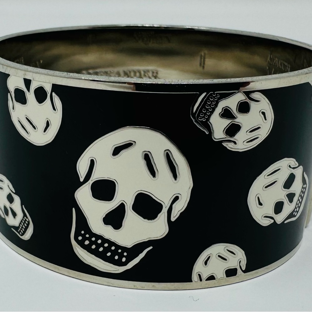 Designer Black Skull Bangle Bracelet - Silver Accents
